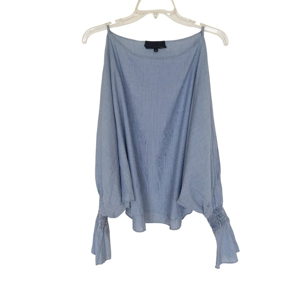 Nili Lotan Blue White Striped Top With Cutout Smocked Sleeve Womens S Cotton